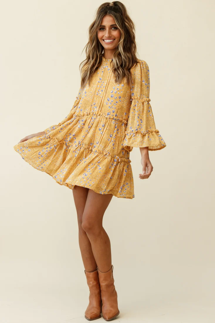 Beatrix High Neck Bell Sleeve Dress Droplet Print Yellow - Image 2