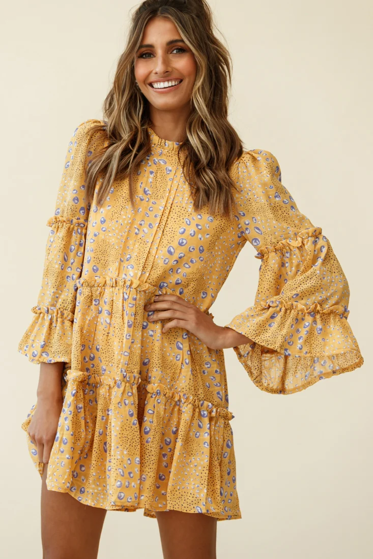 Beatrix High Neck Bell Sleeve Dress Droplet Print Yellow - Image 3
