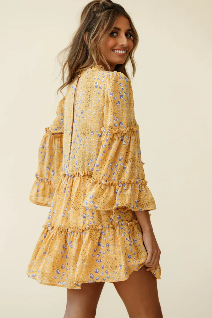 Beatrix High Neck Bell Sleeve Dress Droplet Print Yellow - Image 6