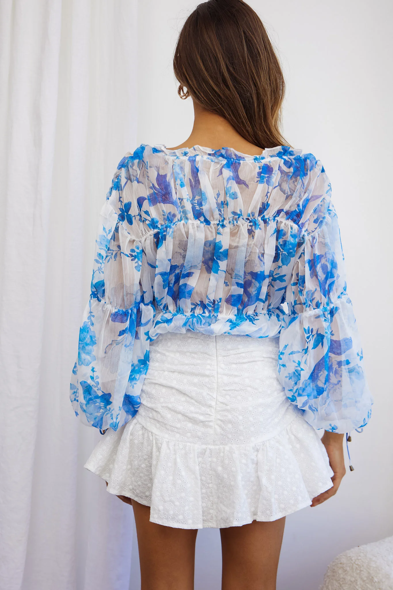 Beau Balloon Sleeve Drawstring Top Floral Print White/Blue - Image 2