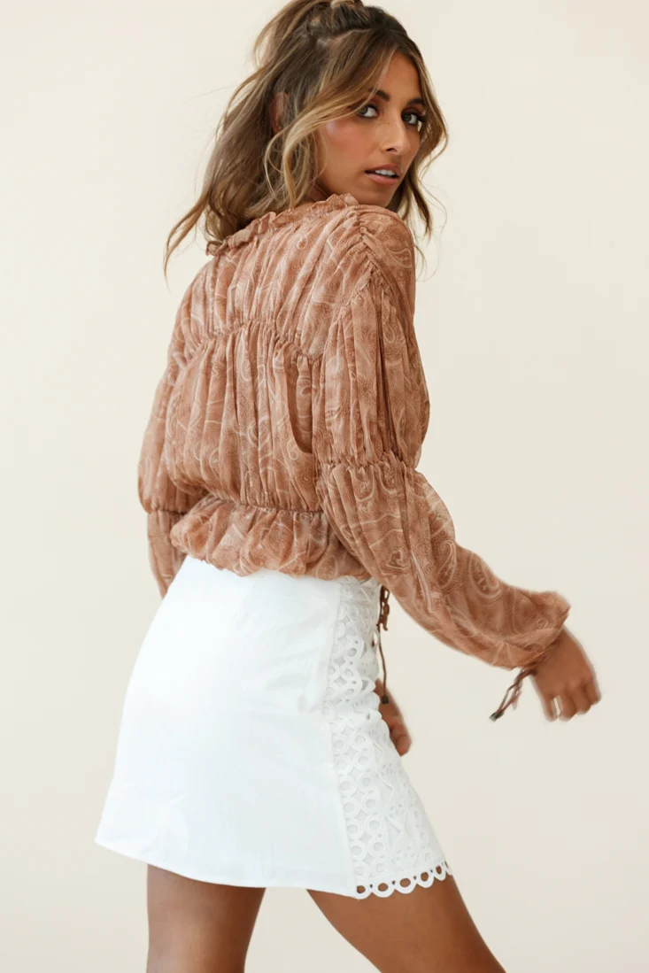 Beau Balloon Sleeve Drawstring Top Paisley Print Tan - Image 4