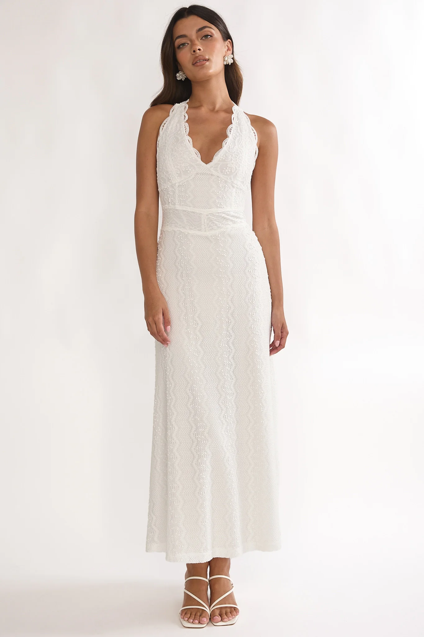 Beaucoup Lace Overlay Halterneck Maxi Dress Cream - Image 4