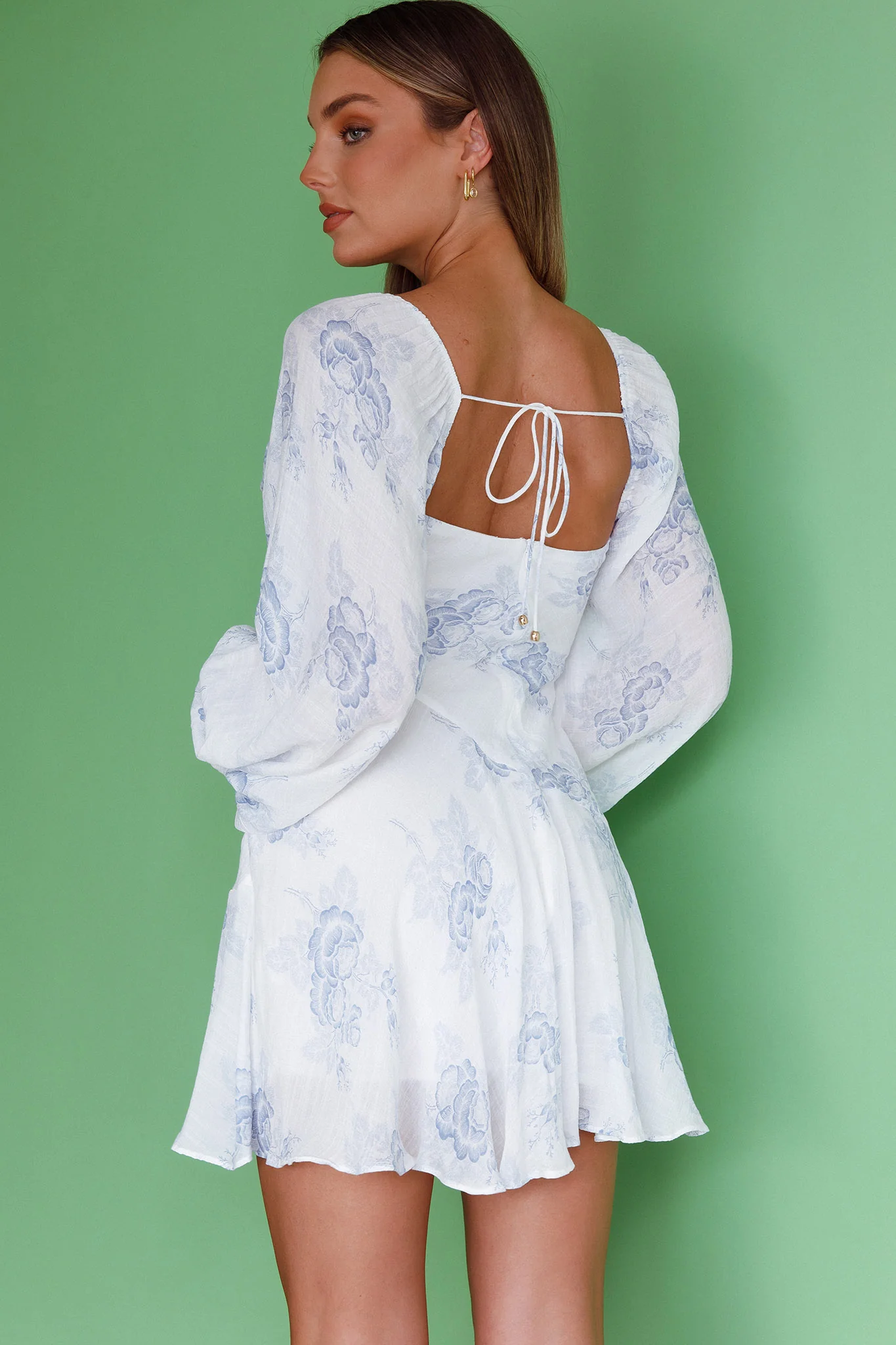 Beaujolais Long Sleeve Cowl Neckline Ruffle Mini Dress Floral Blue - Image 2