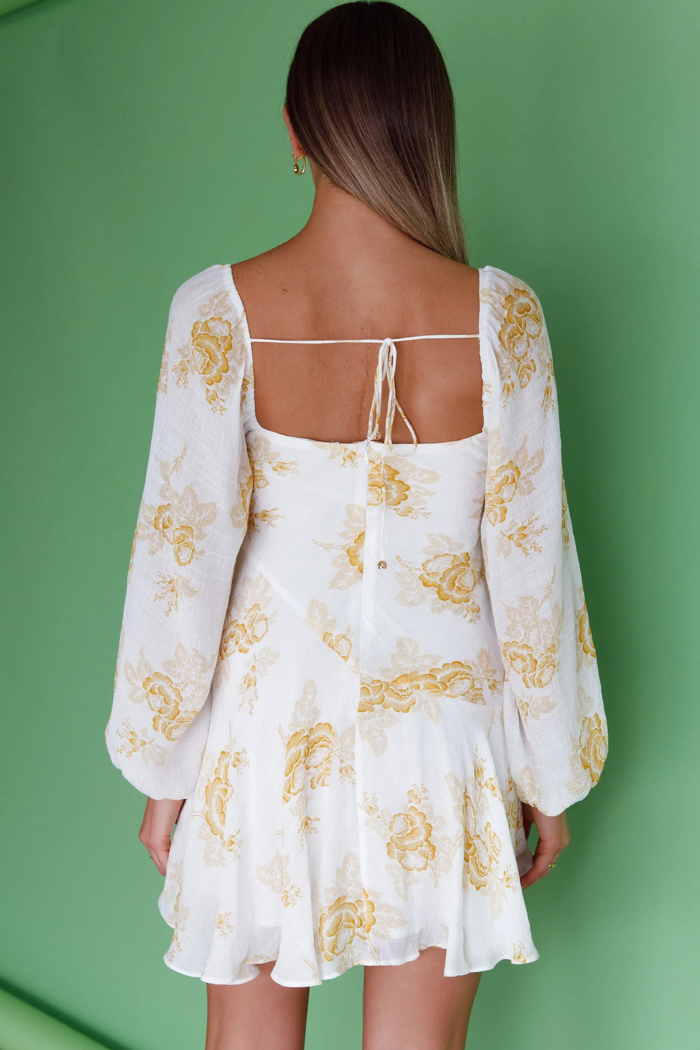 Beaujolais Long Sleeve Cowl Neckline Ruffle Mini Dress Floral Yellow - Image 2