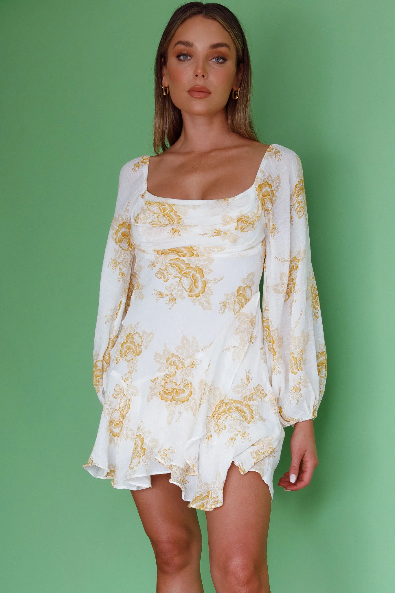 Beaujolais Long Sleeve Cowl Neckline Ruffle Mini Dress Floral Yellow - Image 8