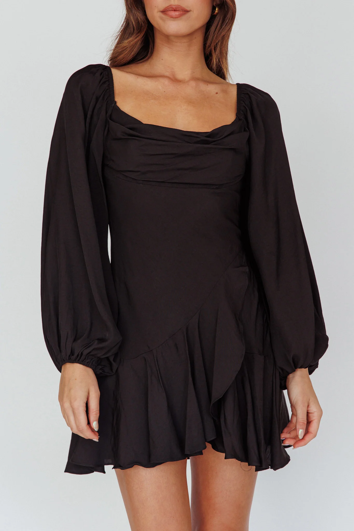 Beaujolais Long Sleeve Cowl Neckline Ruffle Satin Mini Dress Black - Image 4