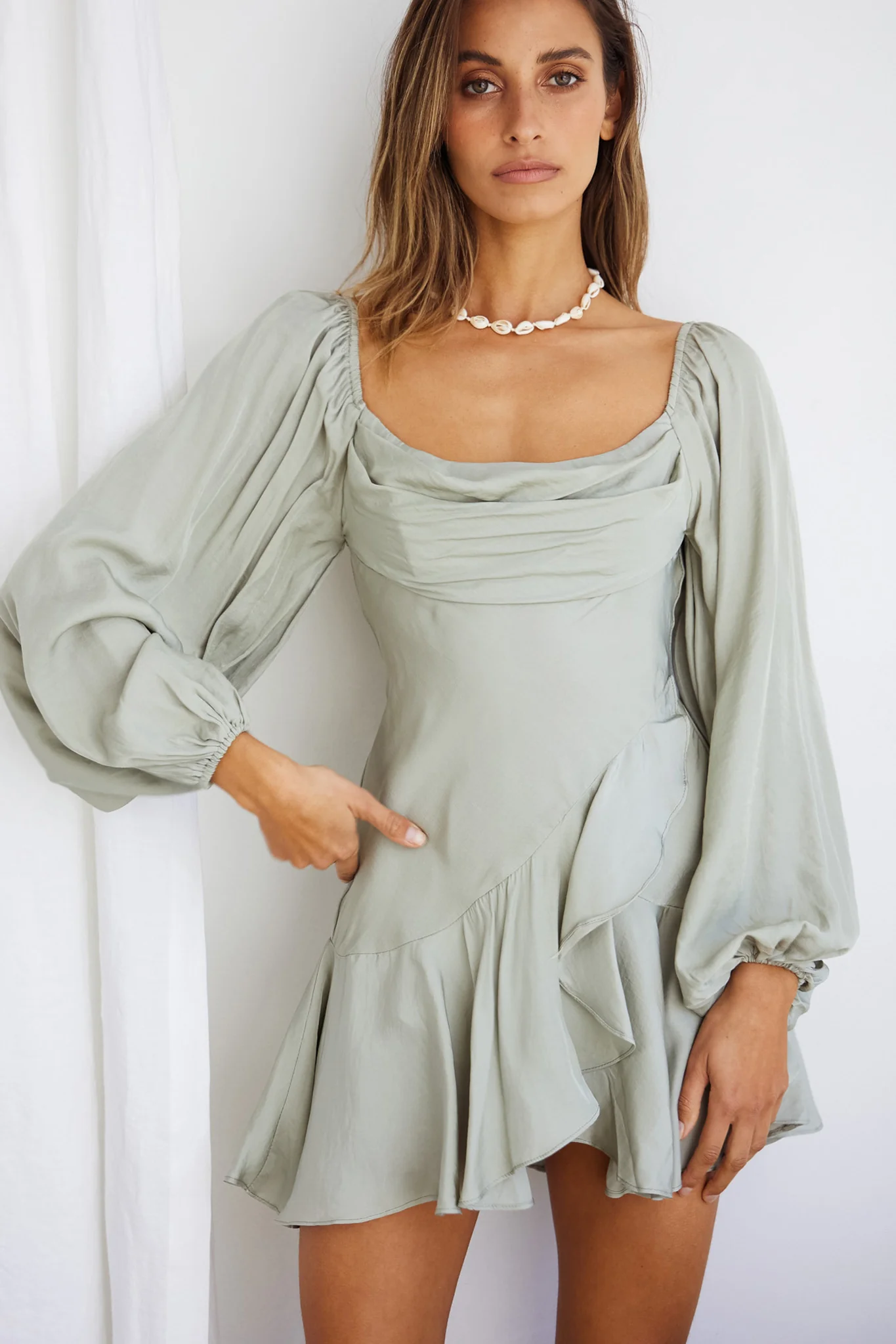 Beaujolais Long Sleeve Cowl Neckline Ruffle Satin Mini Dress Pistachio - Image 10
