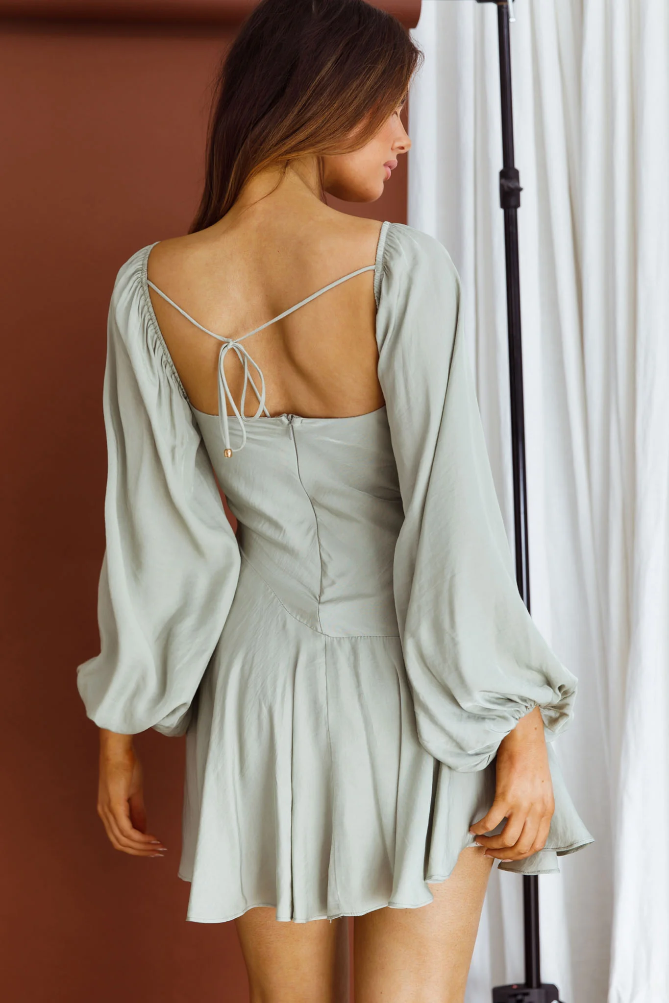 Beaujolais Long Sleeve Cowl Neckline Ruffle Satin Mini Dress Pistachio - Image 3