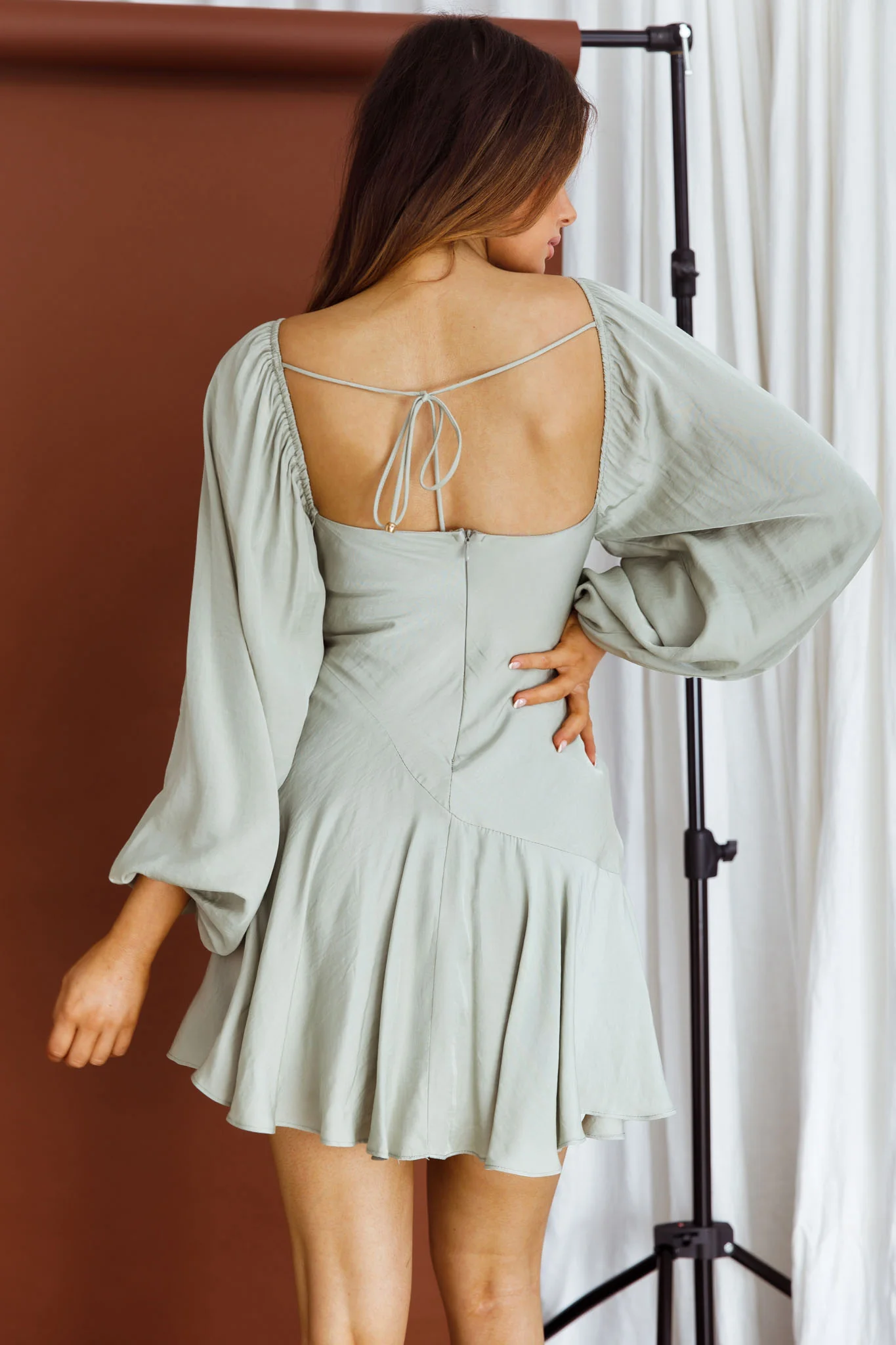 Beaujolais Long Sleeve Cowl Neckline Ruffle Satin Mini Dress Pistachio - Image 6