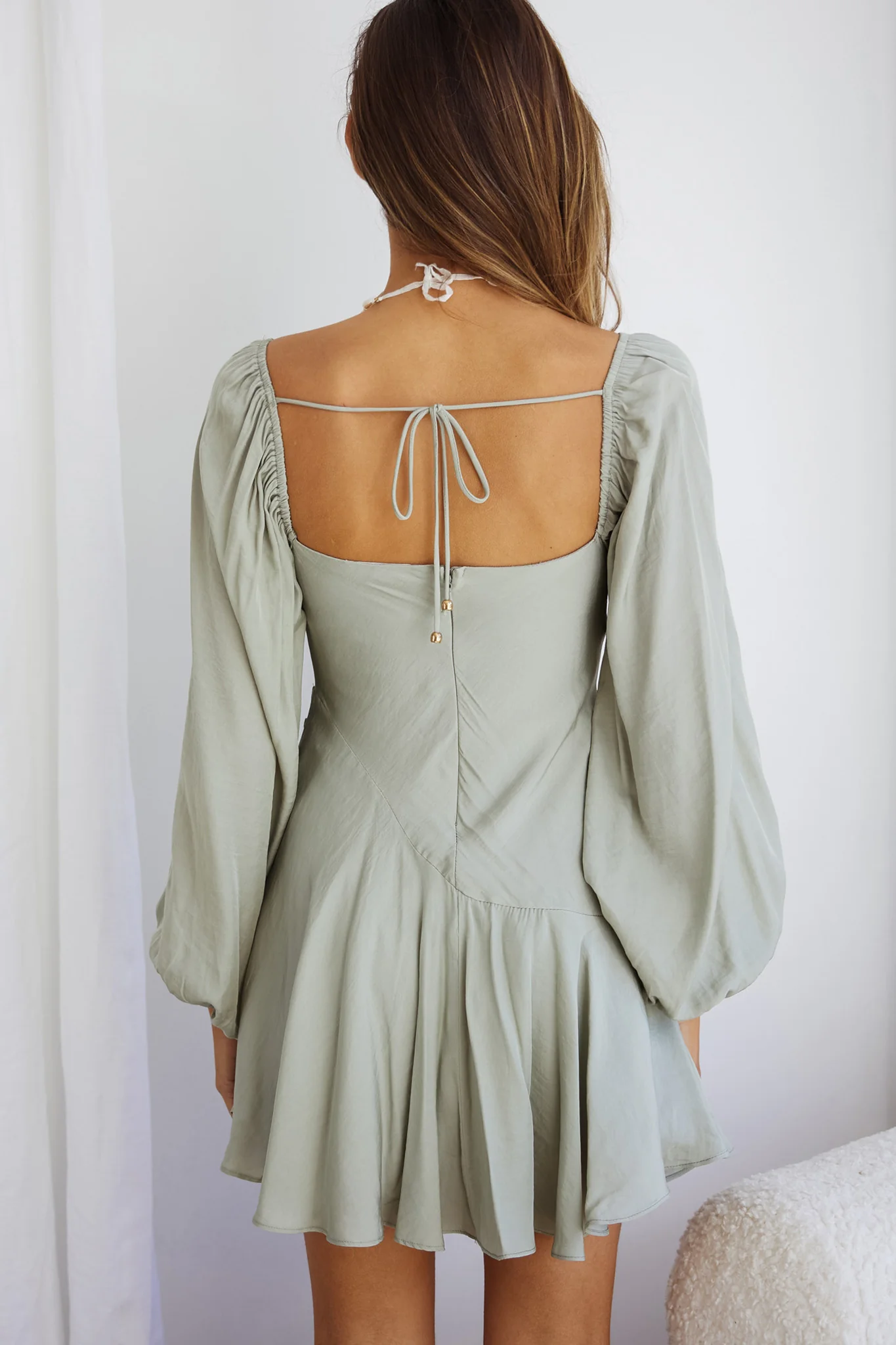 Beaujolais Long Sleeve Cowl Neckline Ruffle Satin Mini Dress Pistachio - Image 9