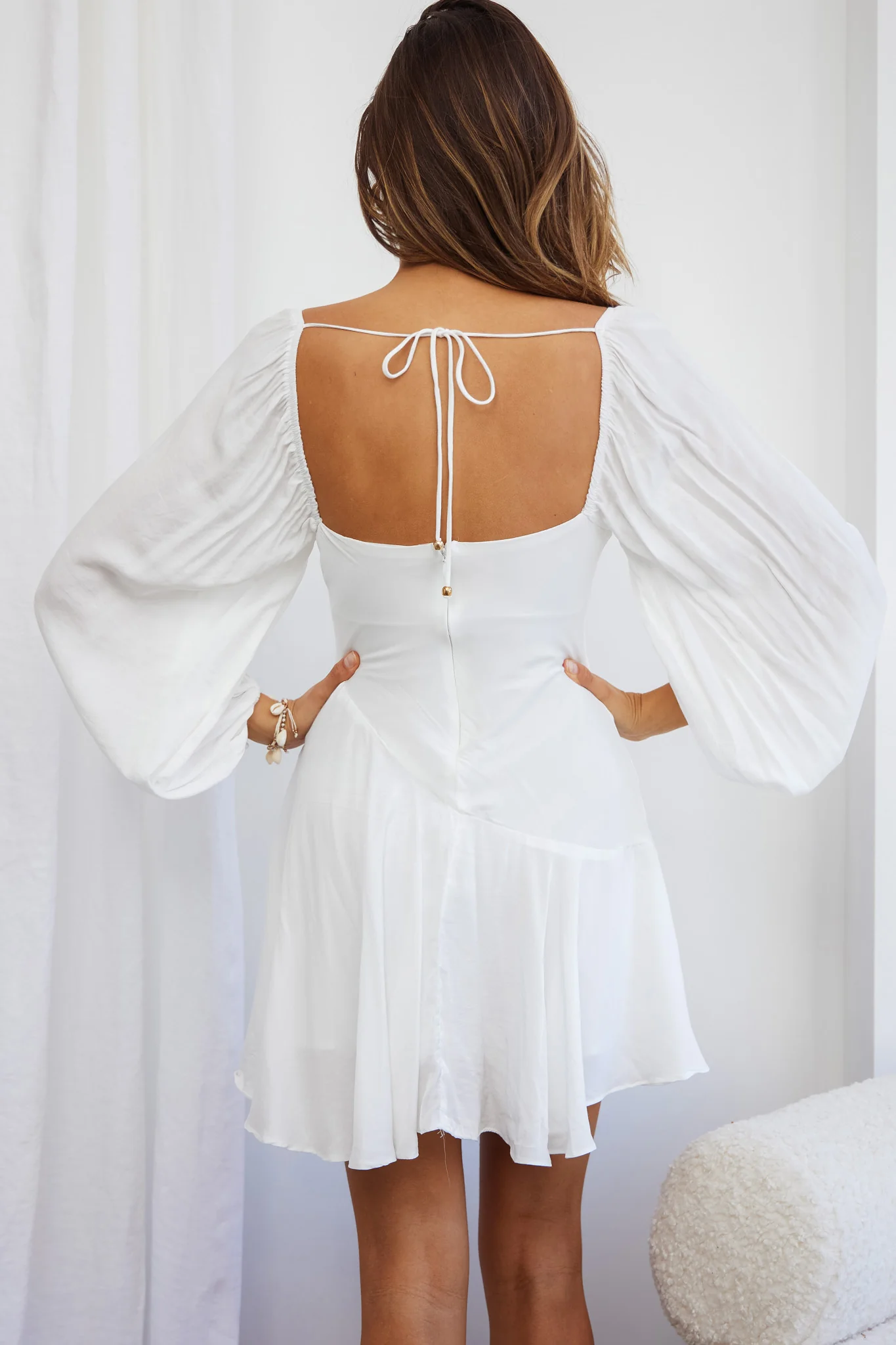 Beaujolais Long Sleeve Cowl Neckline Ruffle Satin Mini Dress White - Image 2