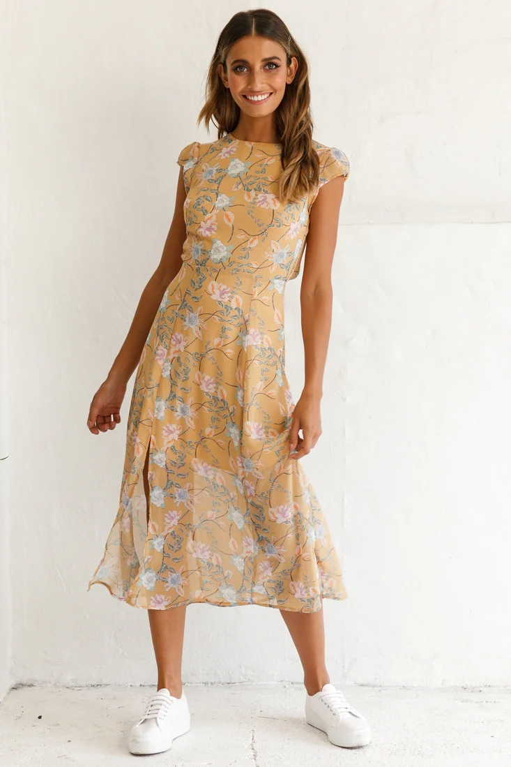 Becky Cap Sleeve Crew Neck Midi Dress Floral Print Mustard - Image 2