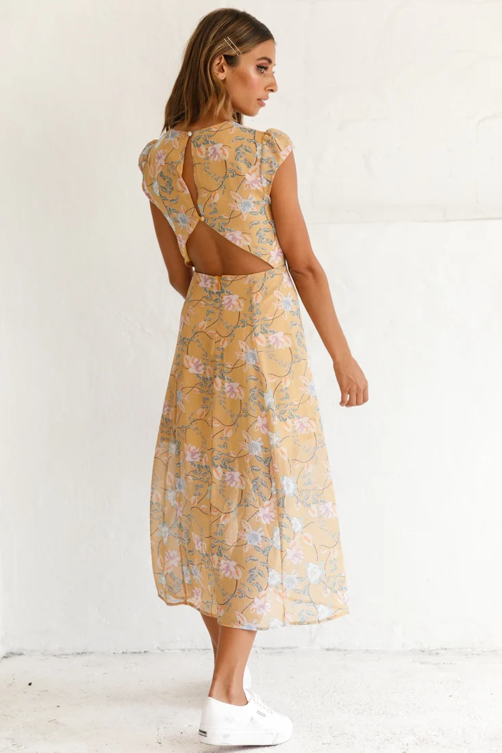 Becky Cap Sleeve Crew Neck Midi Dress Floral Print Mustard - Image 3