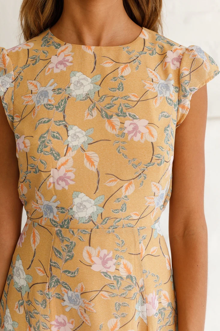 Becky Cap Sleeve Crew Neck Midi Dress Floral Print Mustard - Image 4