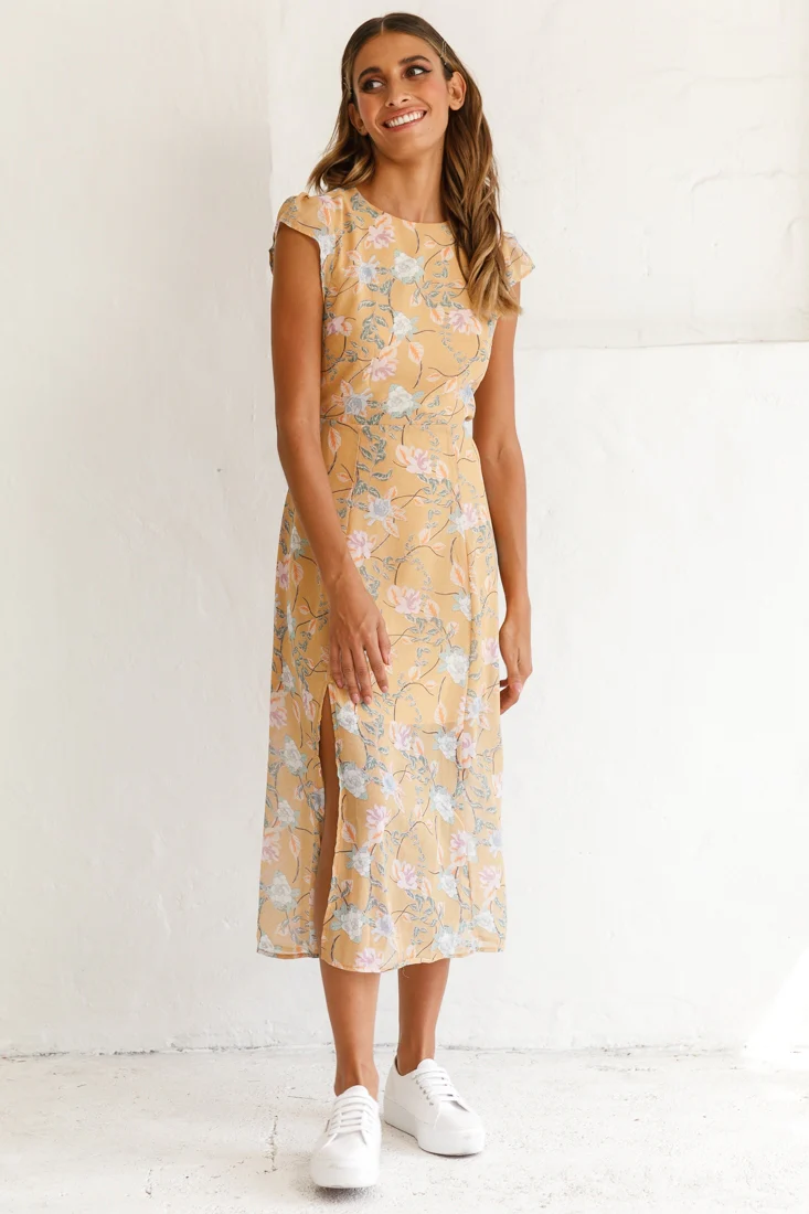 Becky Cap Sleeve Crew Neck Midi Dress Floral Print Mustard - Image 6