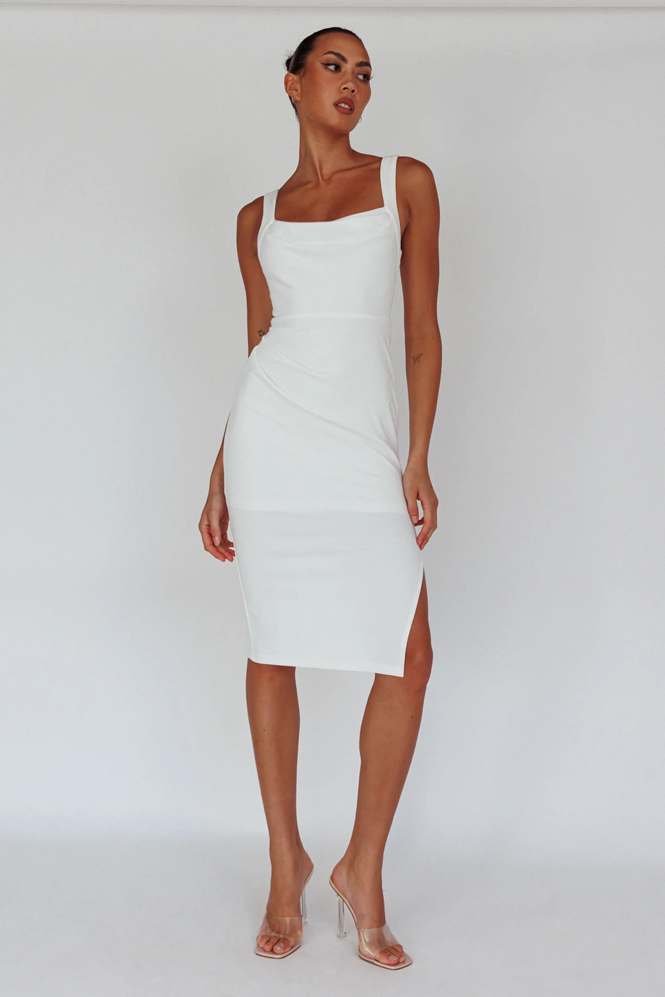 Bella Vista Cowl Neckline Thick Strap Knee Length Dress White - Image 6