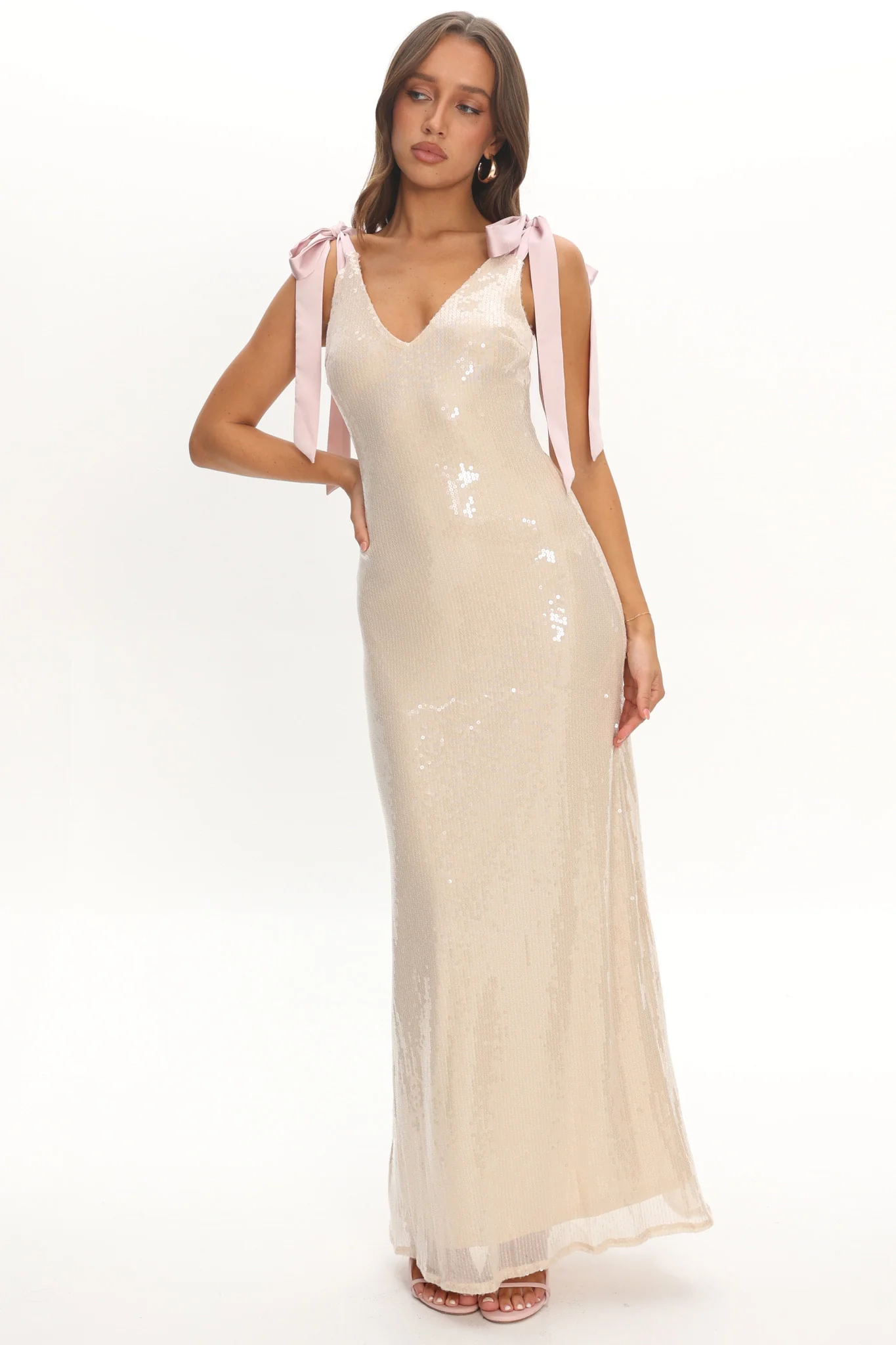 Bellamira Bow Shoulder Maxi Dress Sequin Champagne - Image 3
