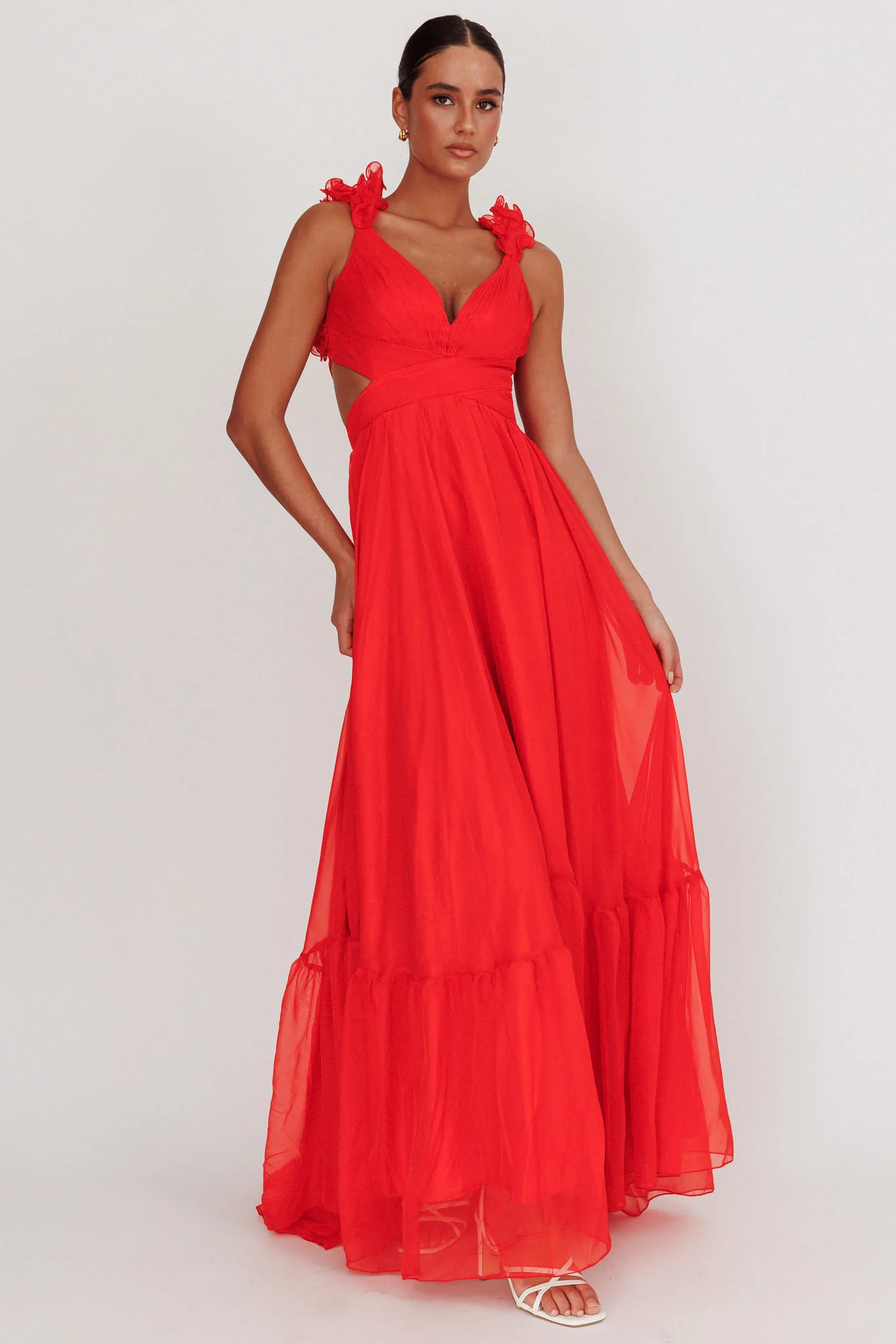 Bellamy Lace-Up Back Ruffle Maxi Dress Red - Image 4