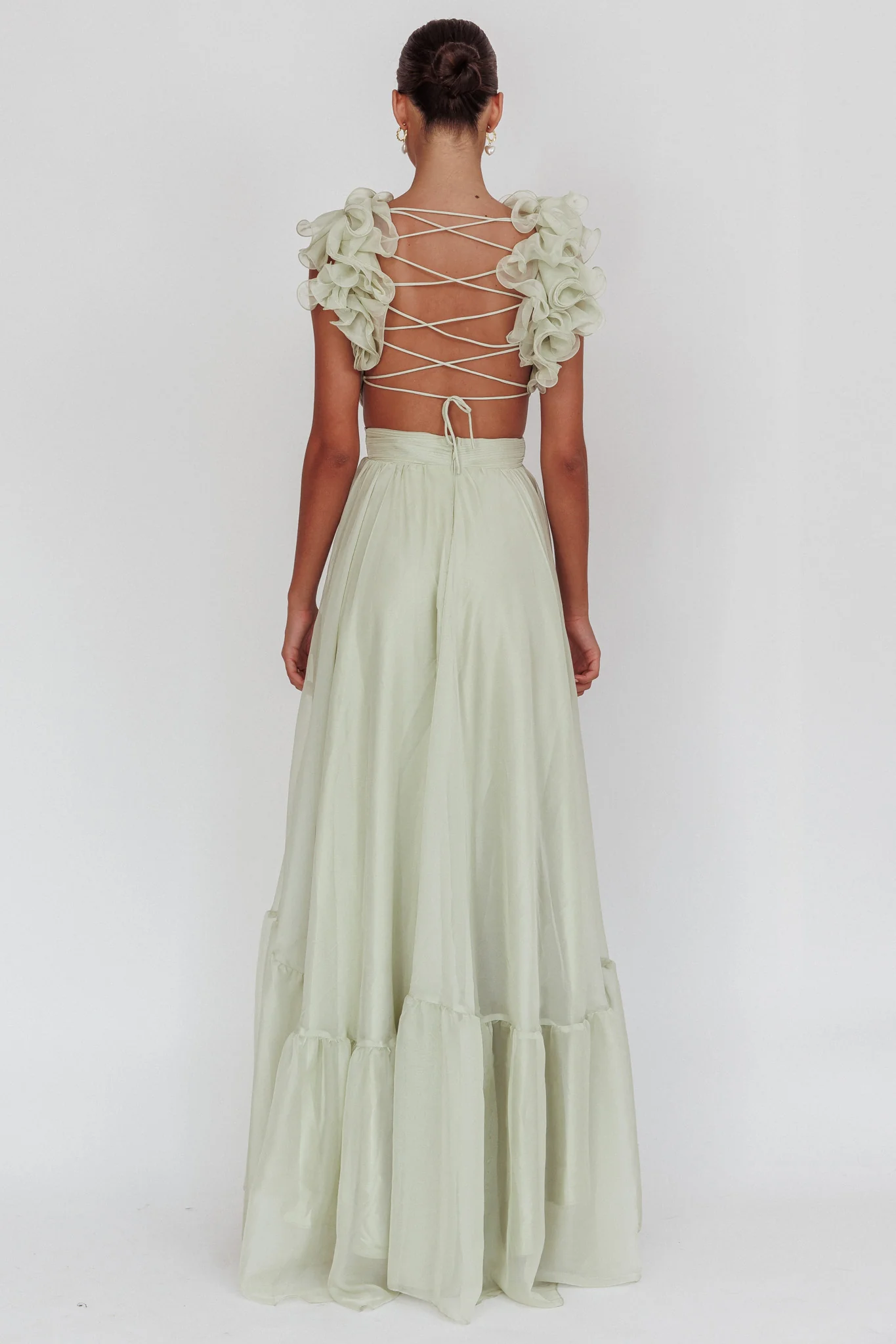 Bellamy Lace-Up Back Ruffle Maxi Dress Sage - Image 3