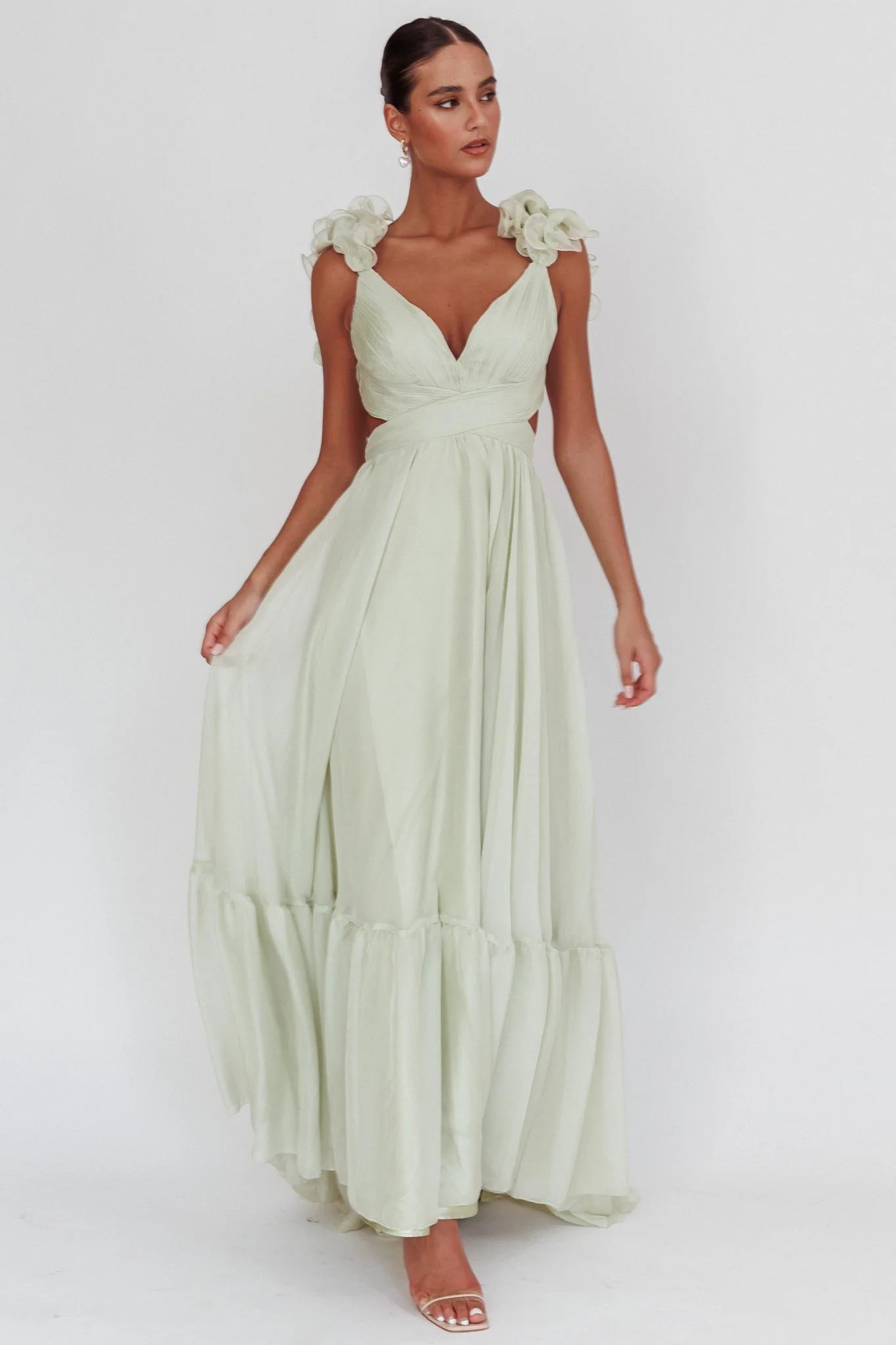 Bellamy Lace-Up Back Ruffle Maxi Dress Sage - Image 4