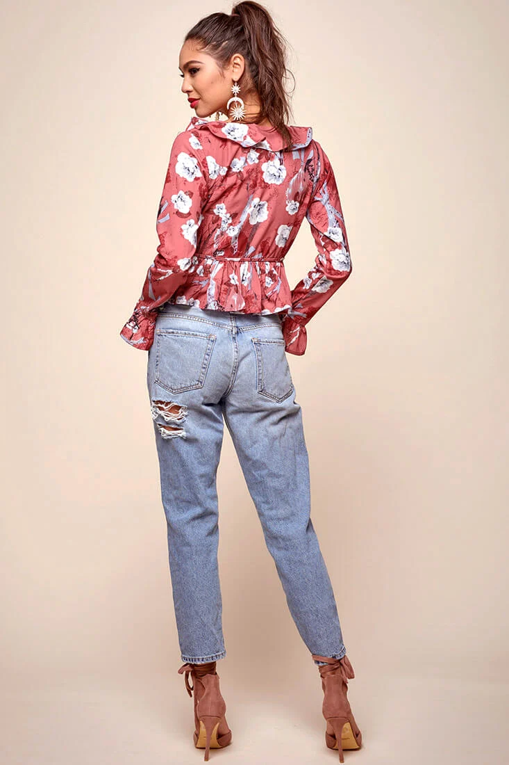 Bellamy Ruffled Bell Sleeve Floral Top Red - Image 5