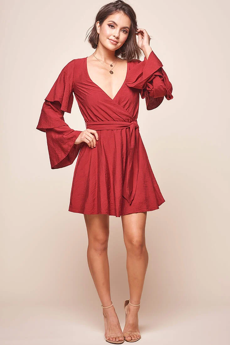 Bellini Tiered Ruffle Sleeve Dress Wine - Image 2