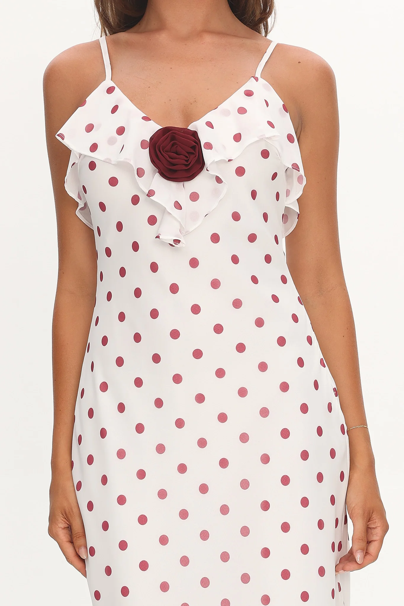 Bellissa Ruffle Bust Maxi Dress Polka Dot Red - Image 3