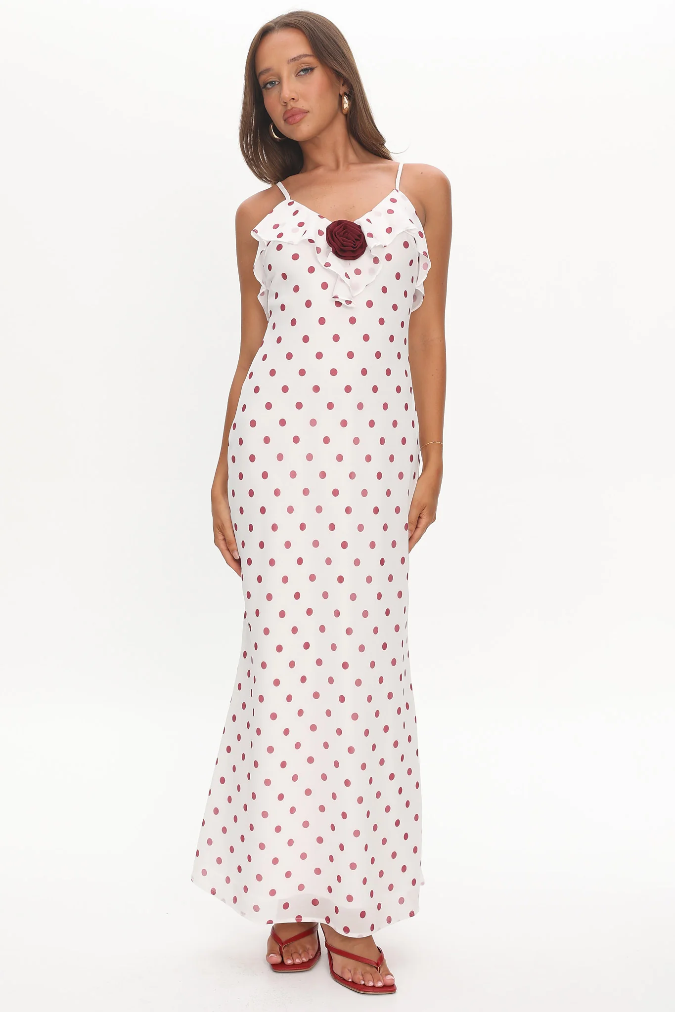 Bellissa Ruffle Bust Maxi Dress Polka Dot Red - Image 4