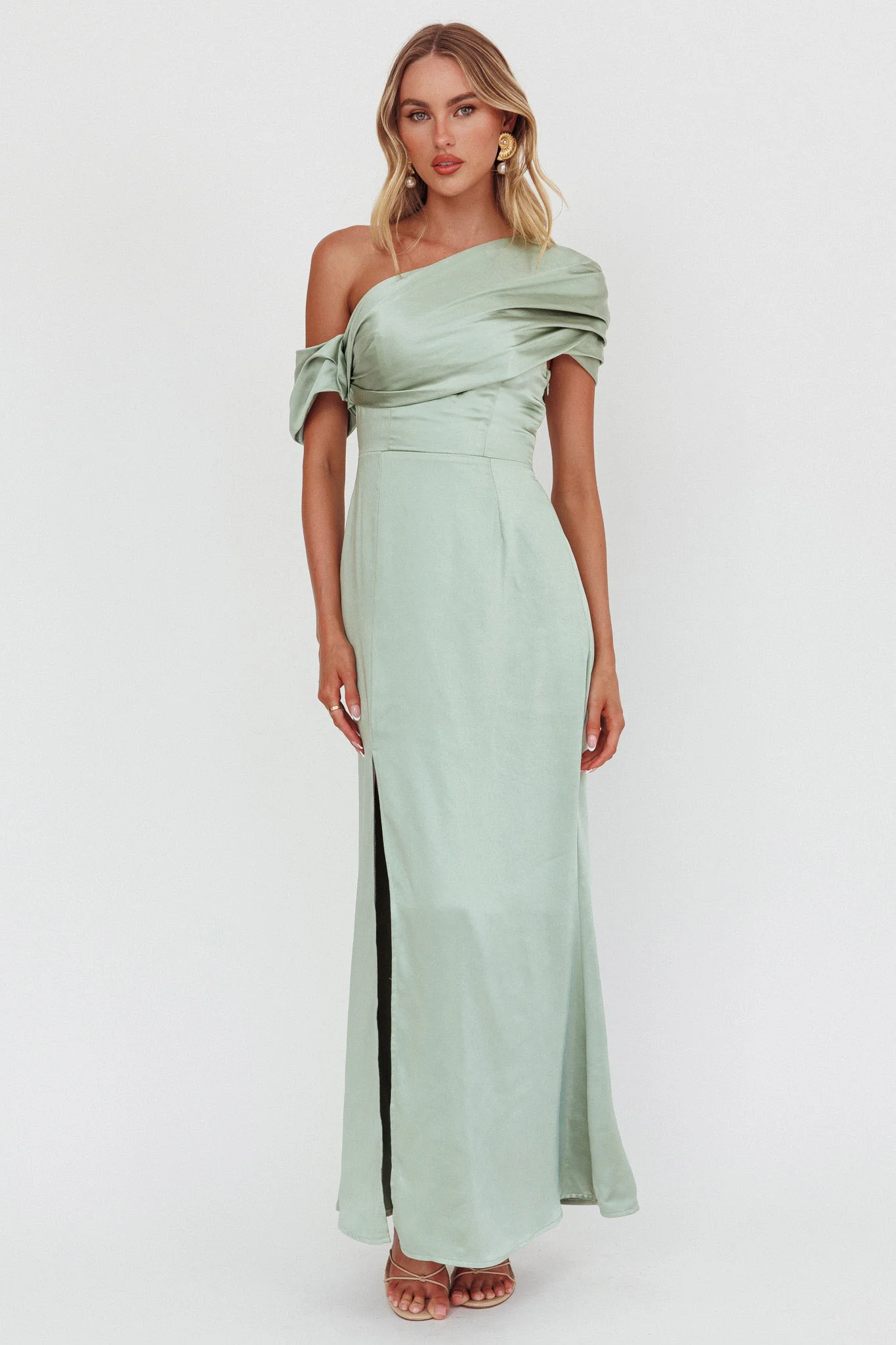 Bellissima Asymmetric Shoulder Maxi Dress Sage - Image 5