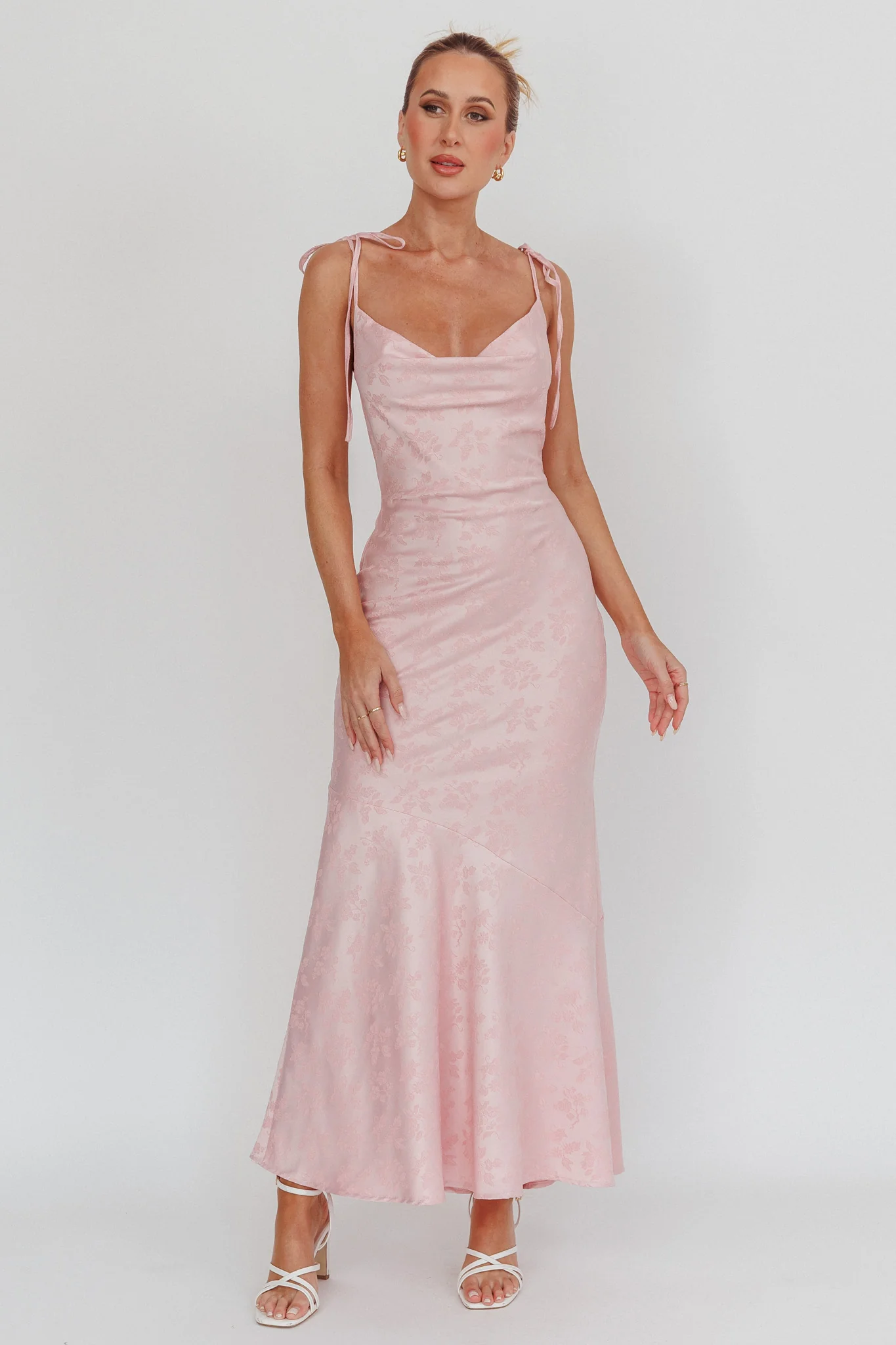 Belonging Cowl Neck Tied Shoulders Maxi Dress Blush - Image 3