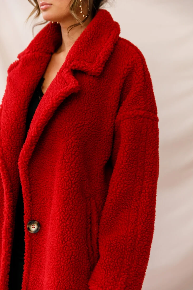 Berlin Notched Lapel Longline Fleece Coat Red - Image 5