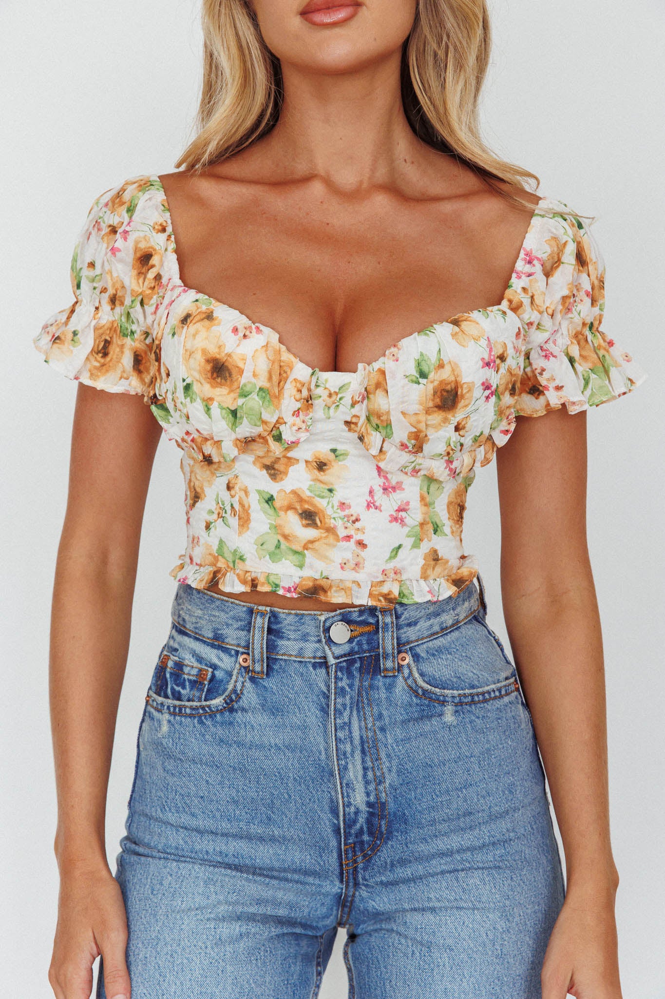 Besito Puff Sleeve Crop Top Floral White/Yellow - Image 4