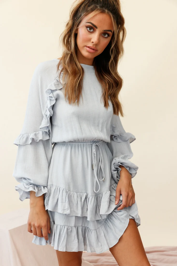 Best Wishes Long Sleeve Frill Detail Dress Grey - Image 2
