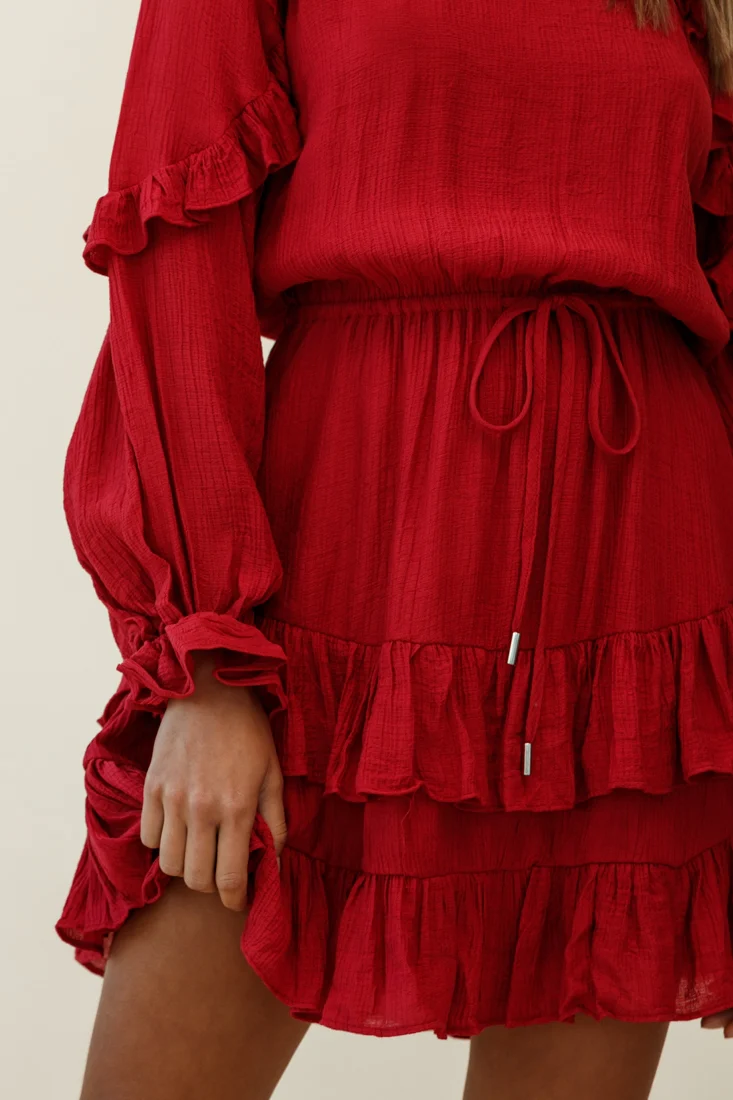 Best Wishes Long Sleeve Frill Detail Dress Wine - Image 5