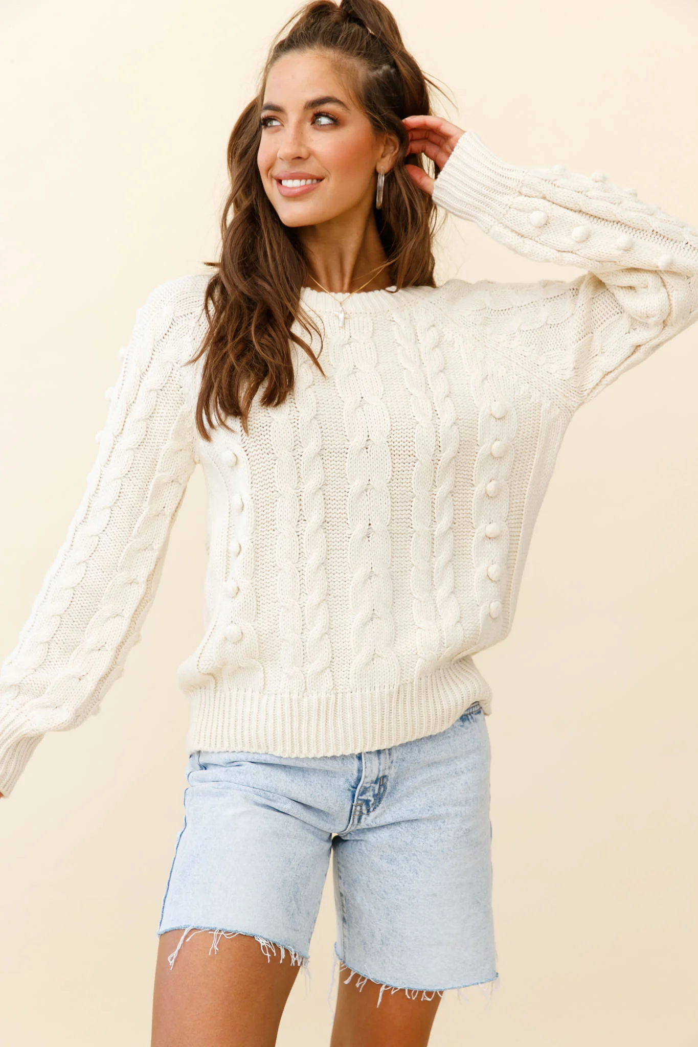 Bestie Pom Pom Detail Cable Knit Sweater Cream - Image 7