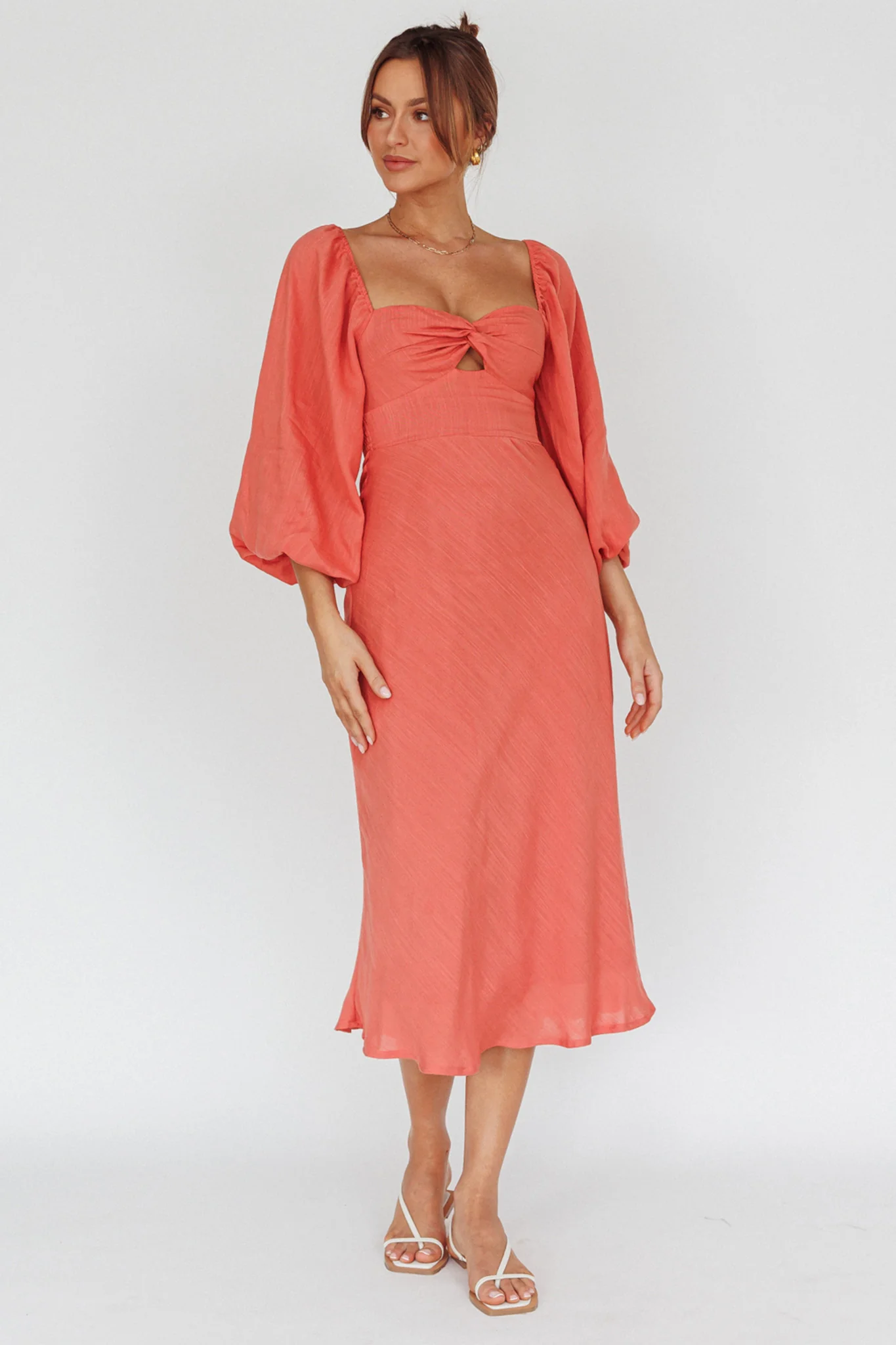 Betina Twist Bust Long Sleeve Midi Dress Lipstick - Image 3