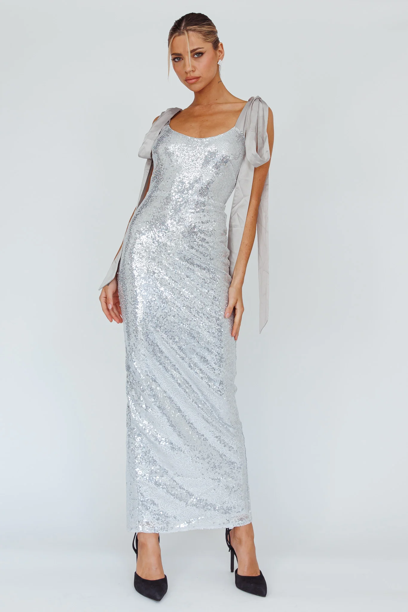 Birthday Wish Tied Shoulder Sequin Maxi Dress Silver - Image 6