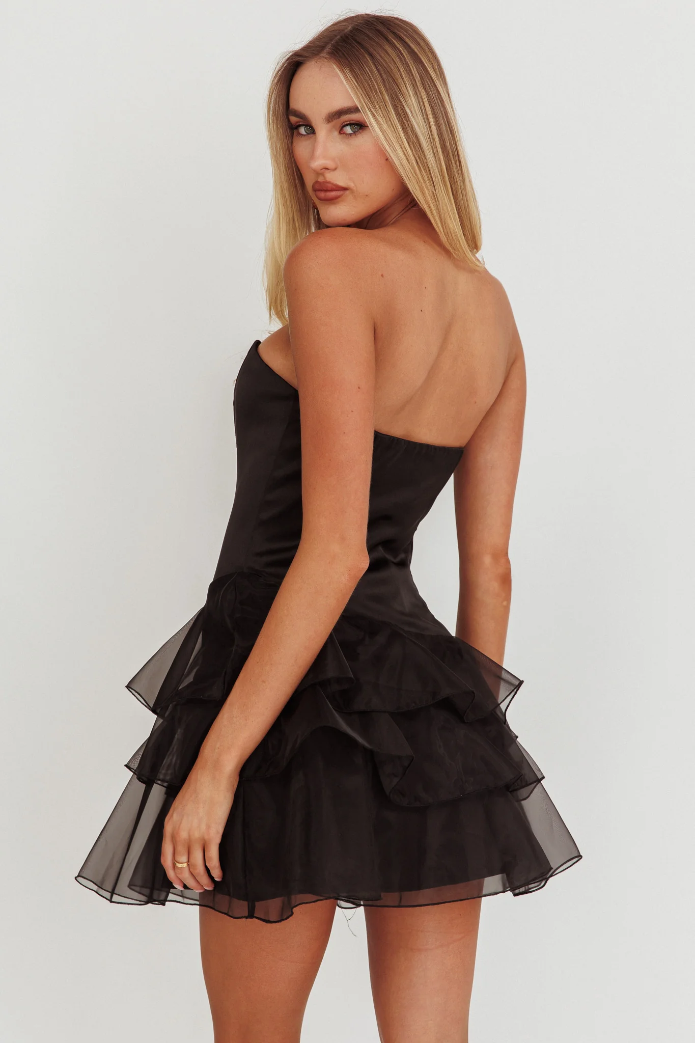 Bless Strapless Organza Ruffle Mini Dress Black - Image 2