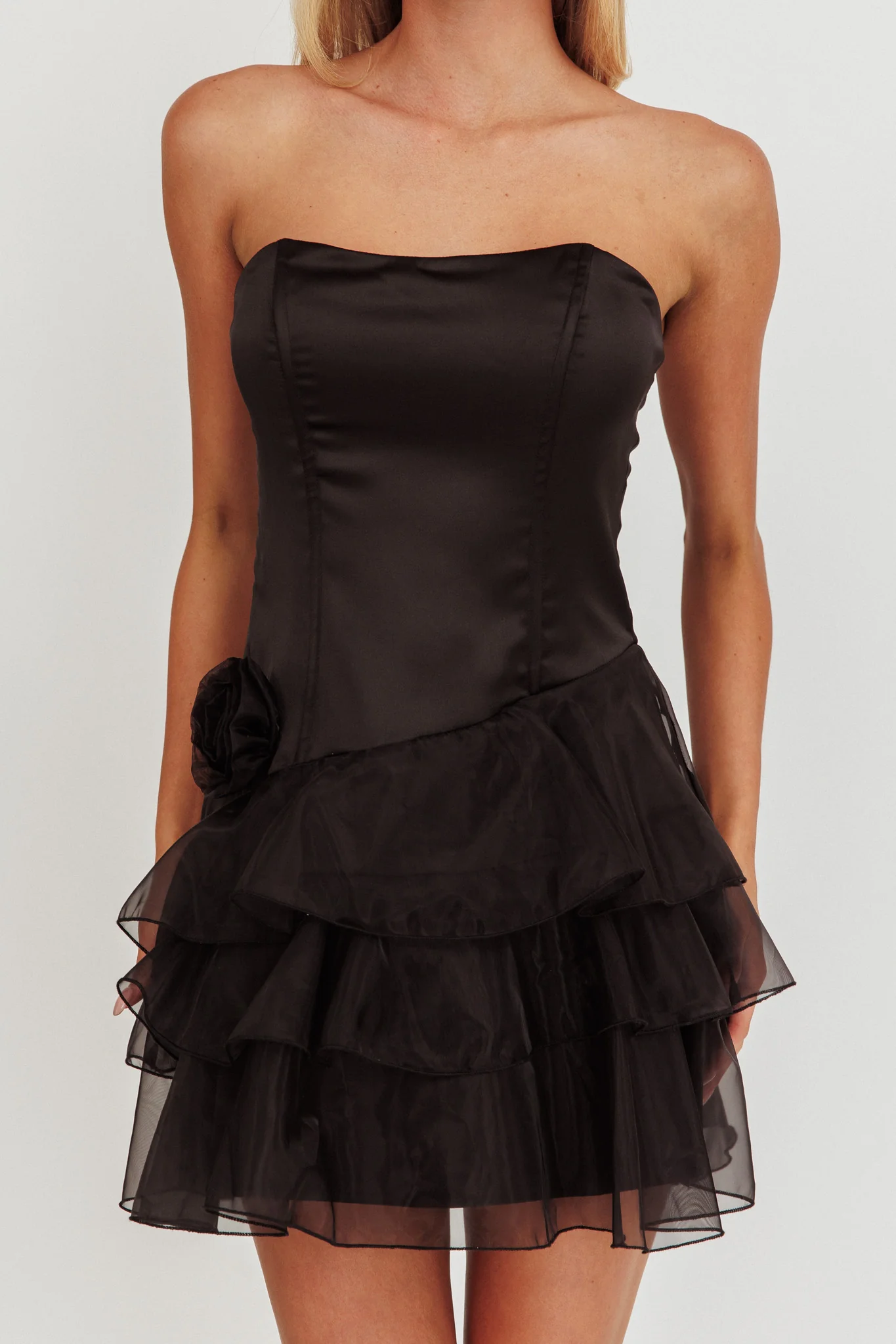 Bless Strapless Organza Ruffle Mini Dress Black - Image 4