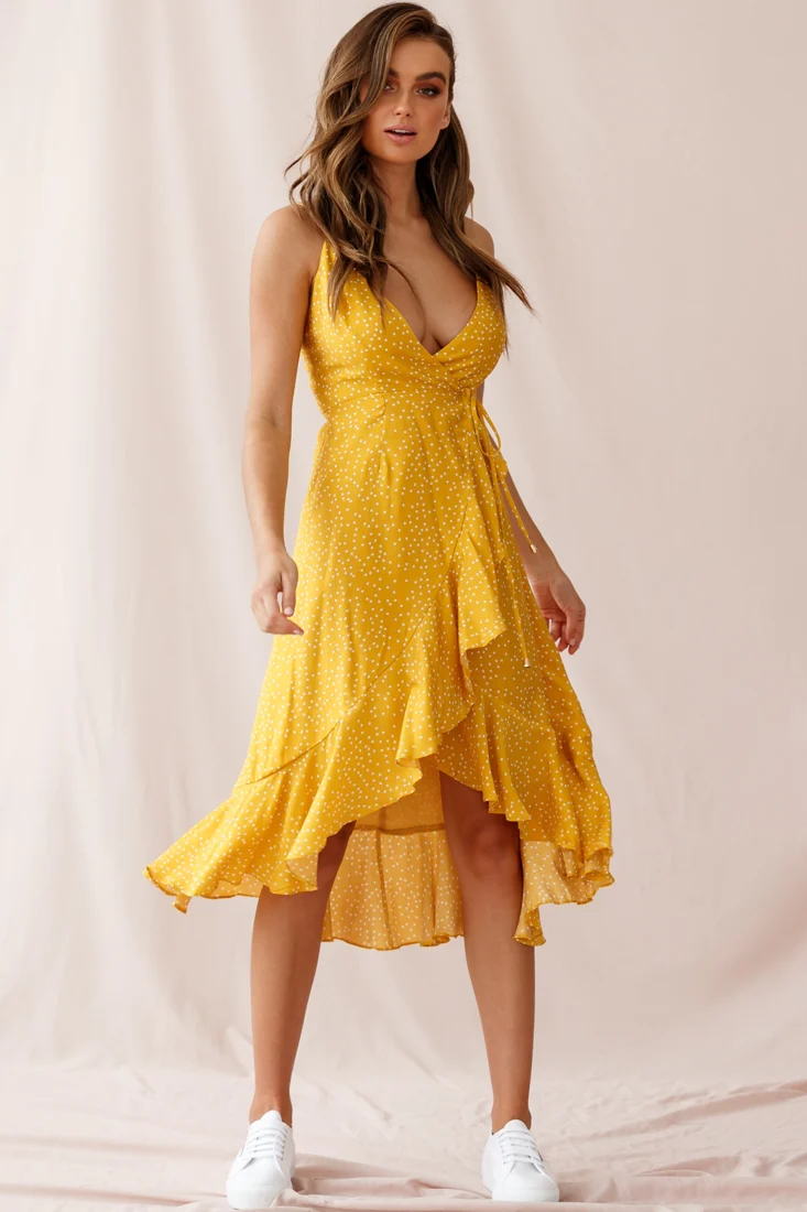 Blessed Wrap Ruffle Hem Midi Dress Dot Print Mustard - Image 2