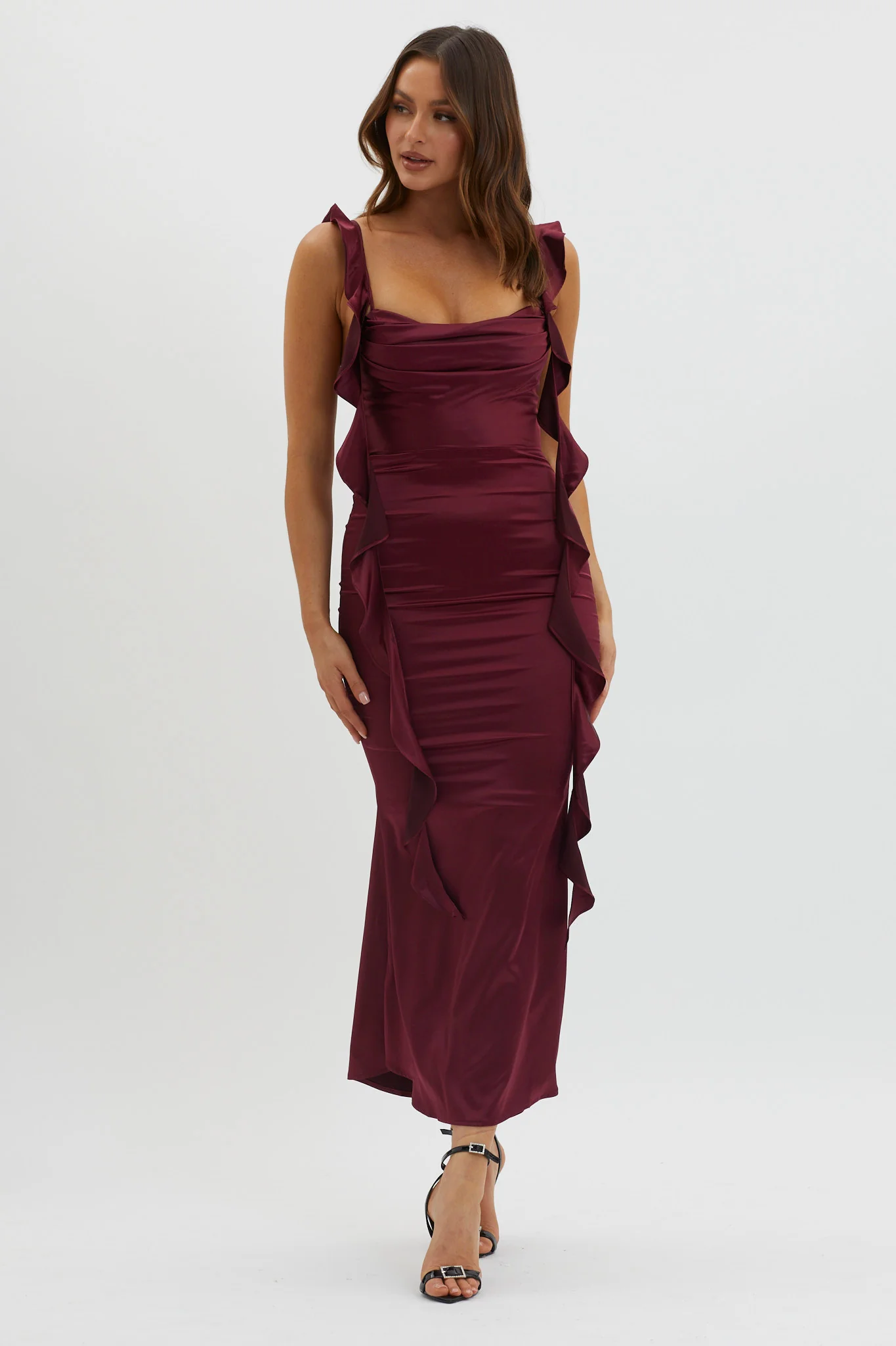 Blushing Ruffle Trim Midi Dress Wine - Image 2