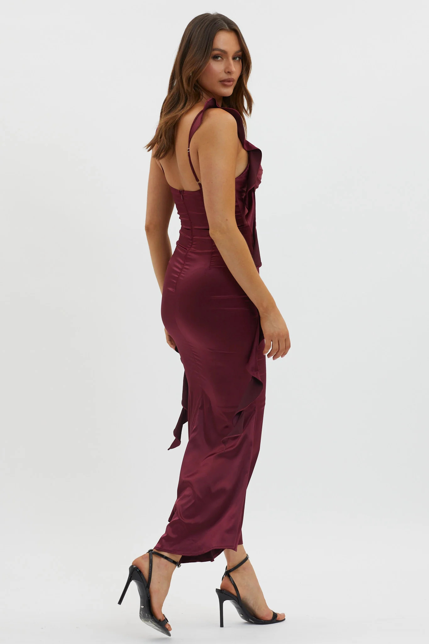 Blushing Ruffle Trim Midi Dress Wine - Image 3
