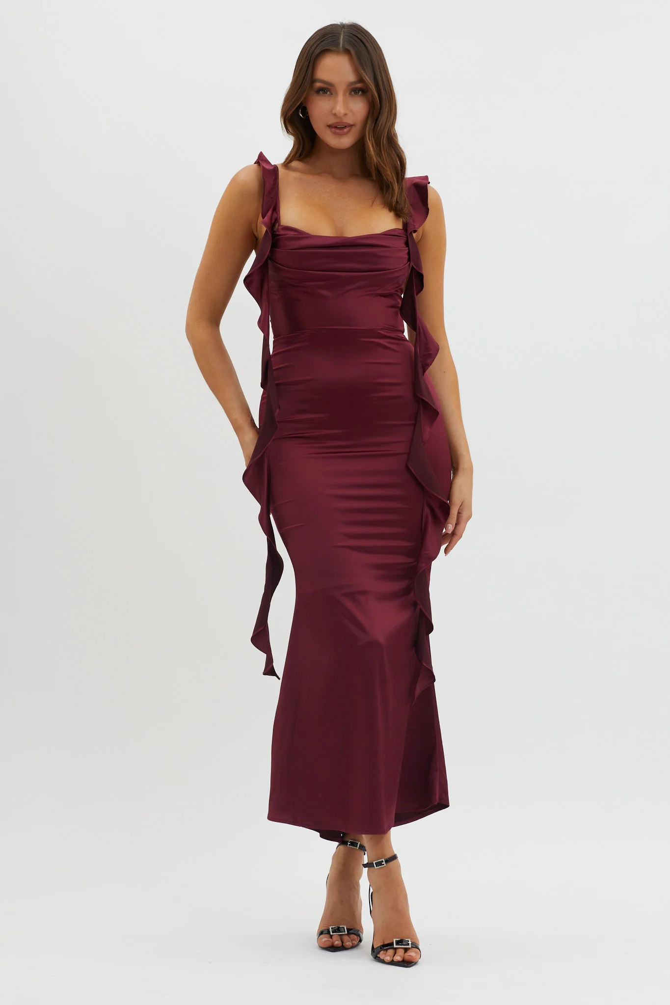 Blushing Ruffle Trim Midi Dress Wine - Image 4