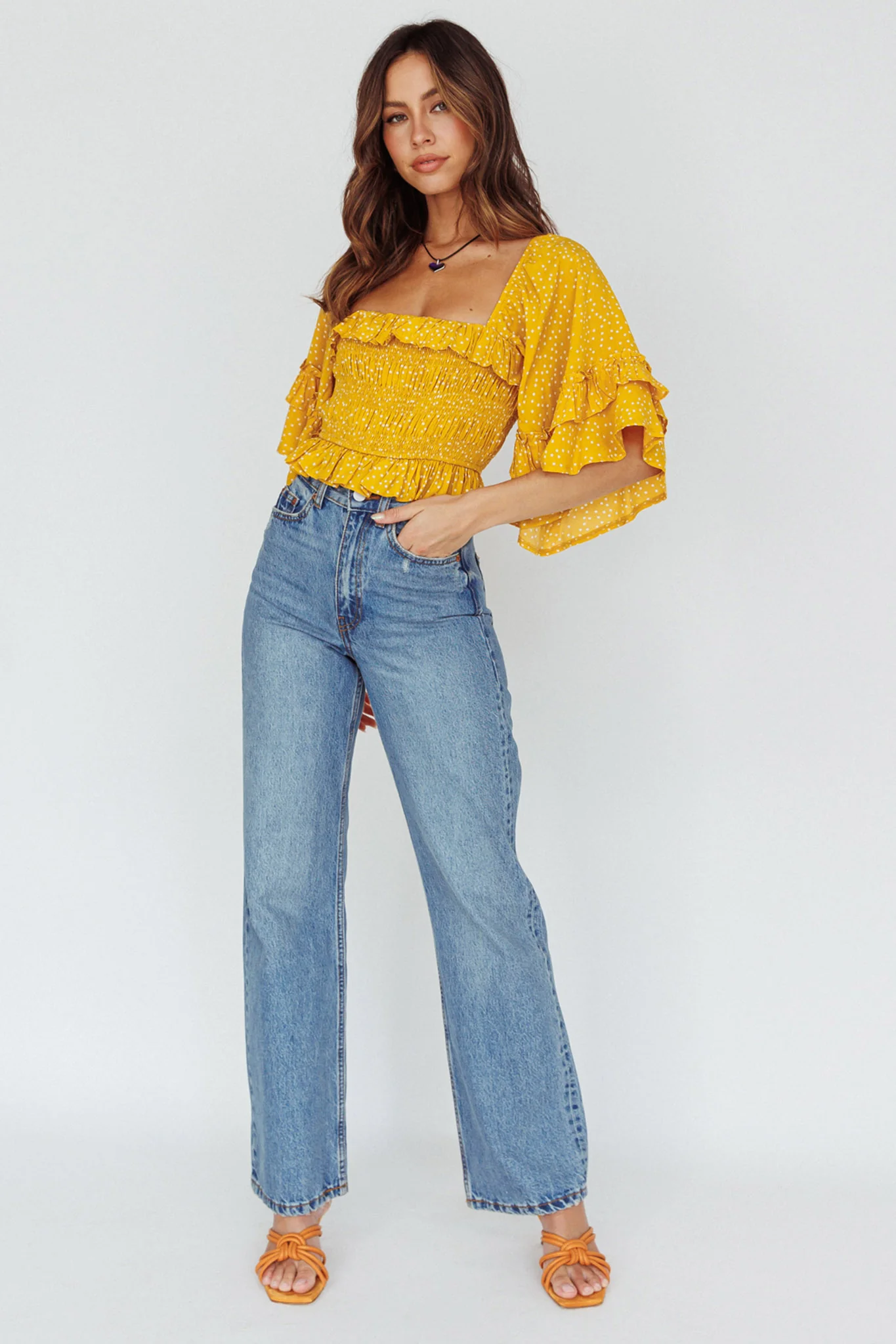 Boardwalk Bell Sleeve Crop Top Spotty Mustard - Image 3