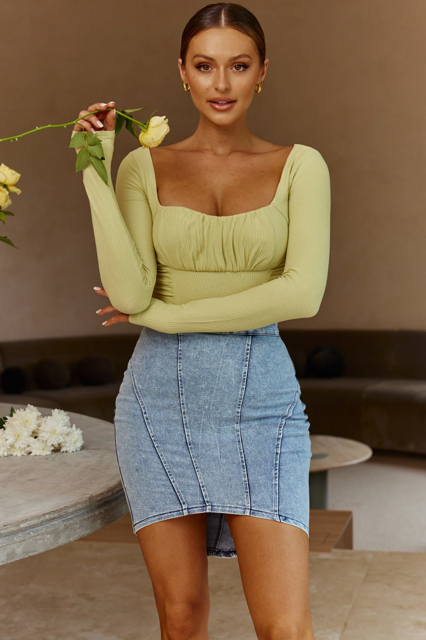 Bobbi Long Sleeve Ruched Side Ribbed Bodysuit Mint - Image 4