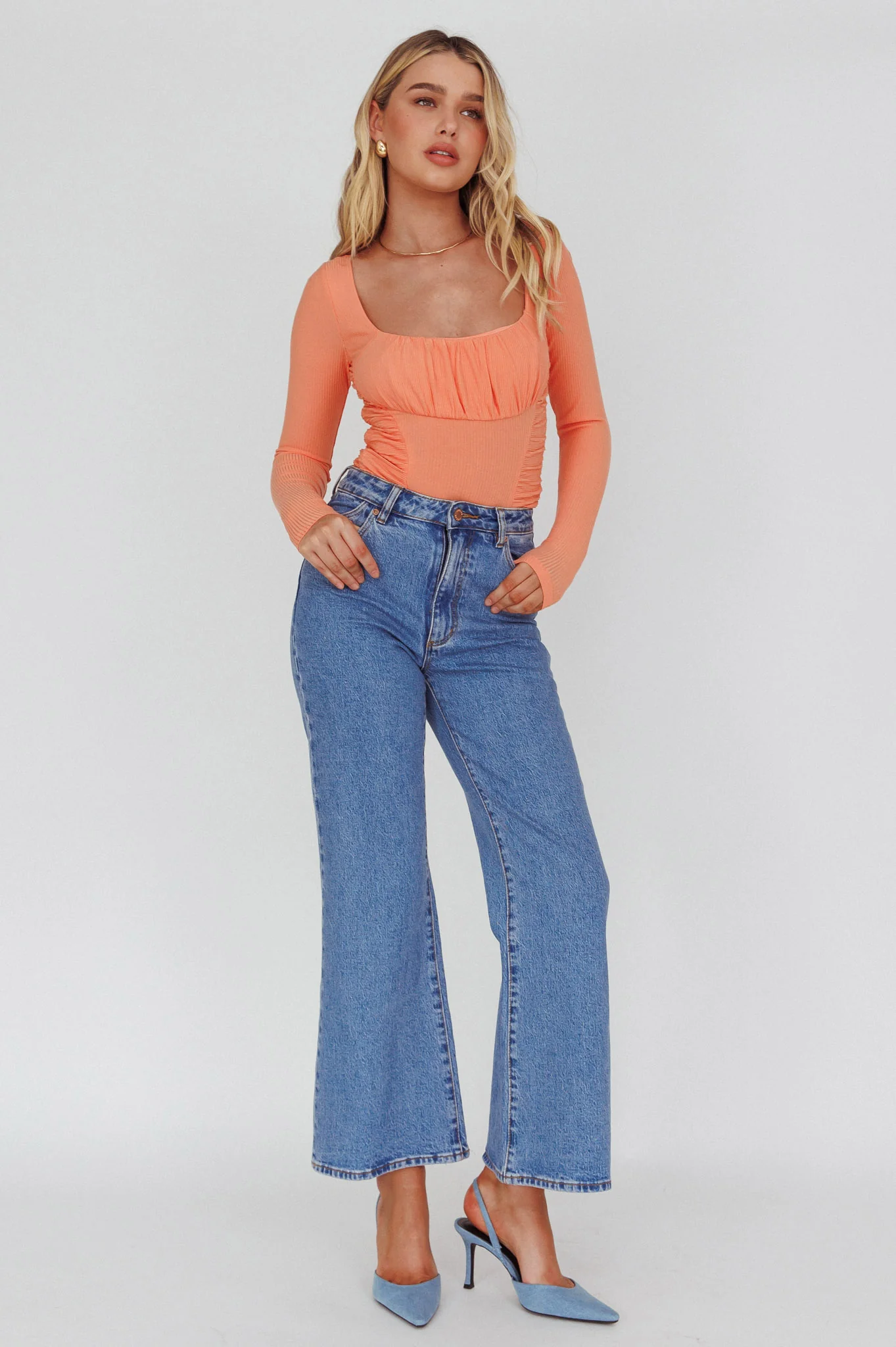 Bobbi Long Sleeve Ruched Side Ribbed Bodysuit Orange - Image 3