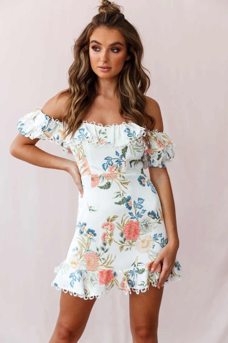 Bobby Bardot Neckline Puff Sleeve Dress Floral Print White - Image 6