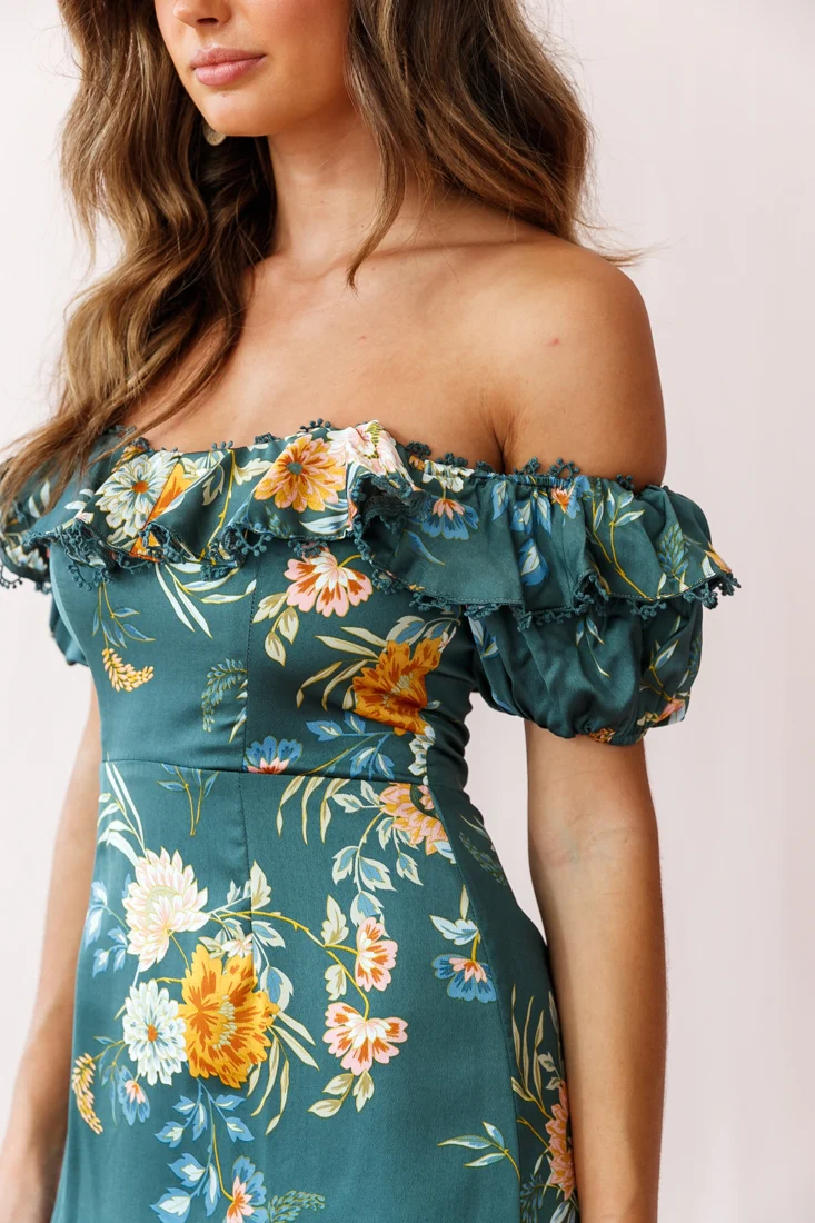 Bobby Bardot Neckline Puff Sleeve Dress Teal - Image 4