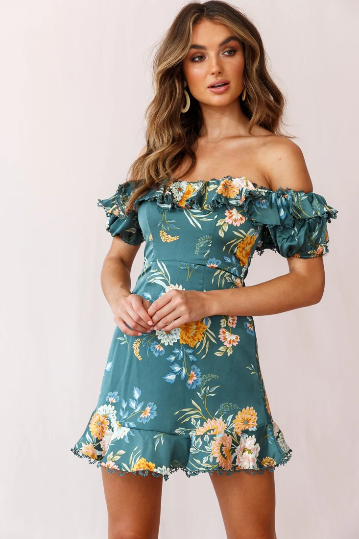 Bobby Bardot Neckline Puff Sleeve Dress Teal - Image 5