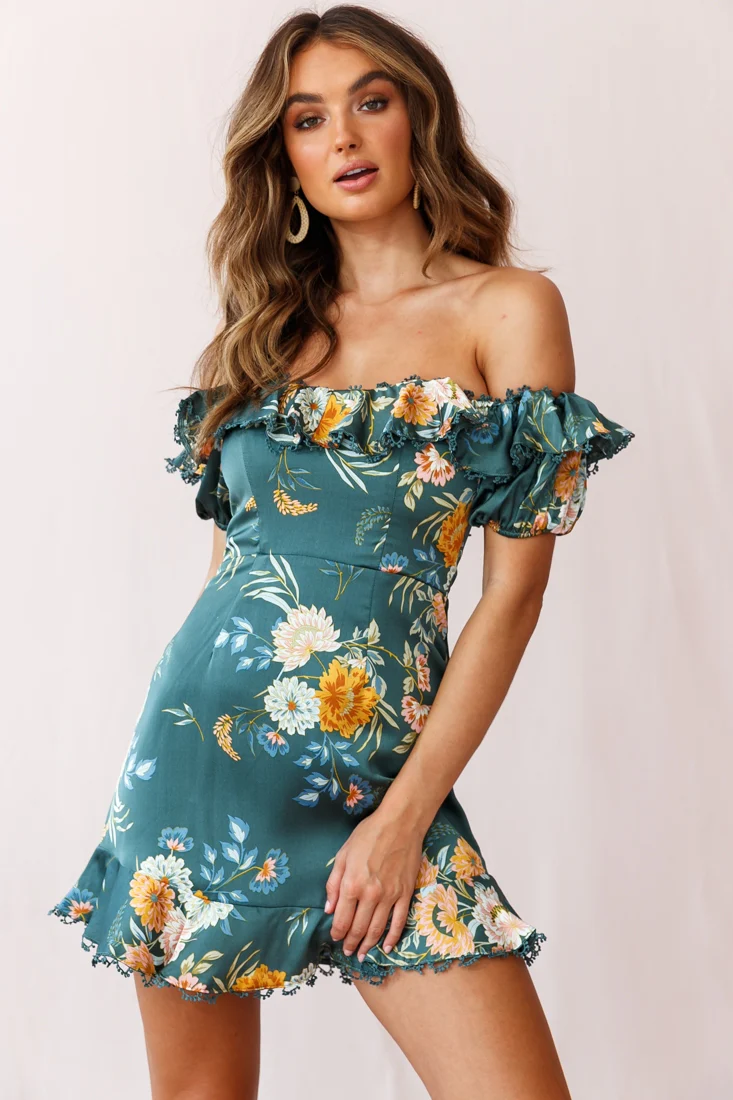 Bobby Bardot Neckline Puff Sleeve Dress Teal - Image 6